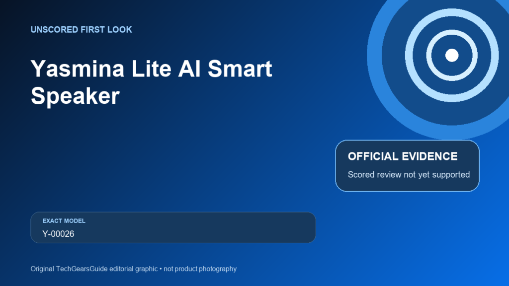 Unscored First Look editorial graphic for Yasmina Lite AI Smart Speaker