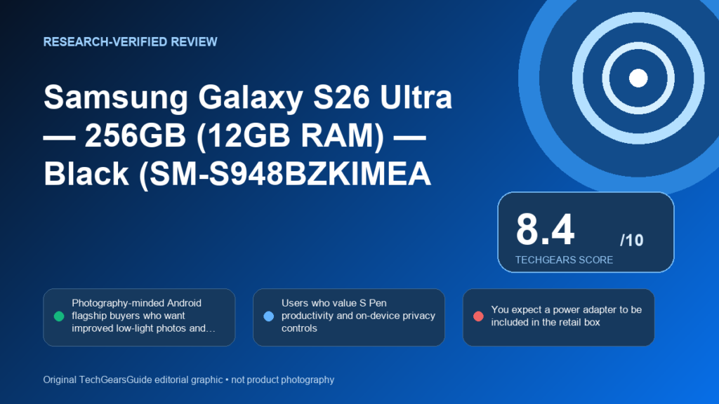 Editorial review graphic for Samsung Galaxy S26 Ultra — 256GB (12GB RAM) — Black (SM-S948BZKIMEA