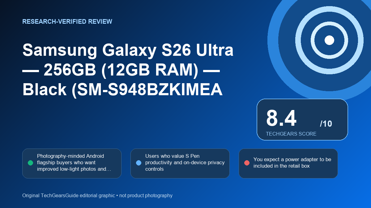 Editorial review graphic for Samsung Galaxy S26 Ultra — 256GB (12GB RAM) — Black (SM-S948BZKIMEA
