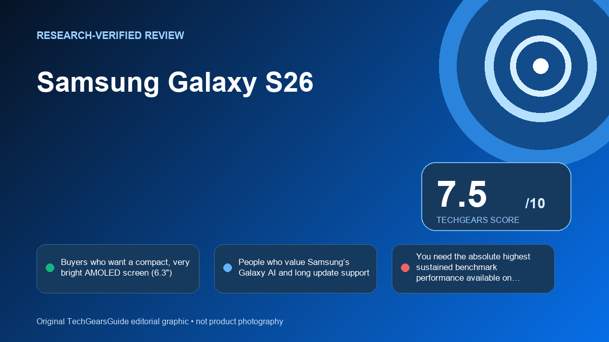Editorial review graphic for Samsung Galaxy S26