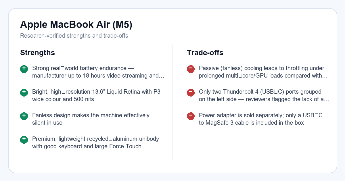 Research-verified strengths and trade-offs for Apple MacBook Air (M5) review: Excellent battery and display, trade-off in sustained heavy workloads