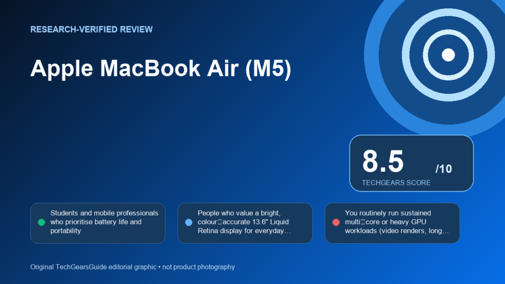 Editorial review graphic for Apple MacBook Air (M5)