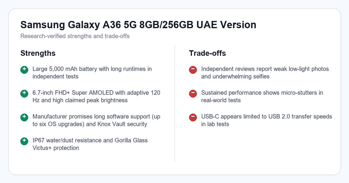 Research-verified strengths and trade-offs for Samsung Galaxy A36 5G review: long battery and bright Super AMOLED, but middling cameras