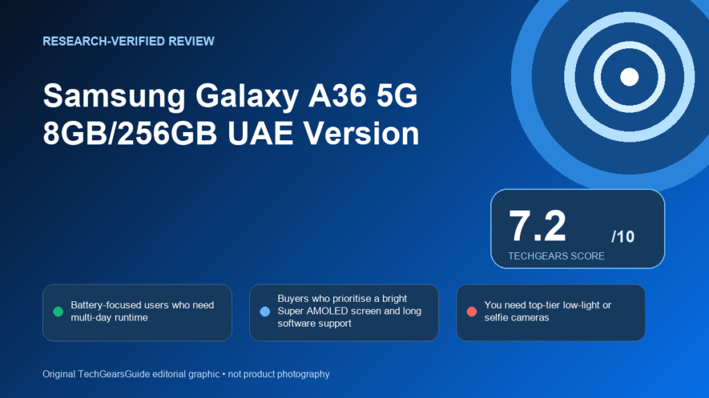 Editorial review graphic for Samsung Galaxy A36 5G 8GB/256GB UAE Version