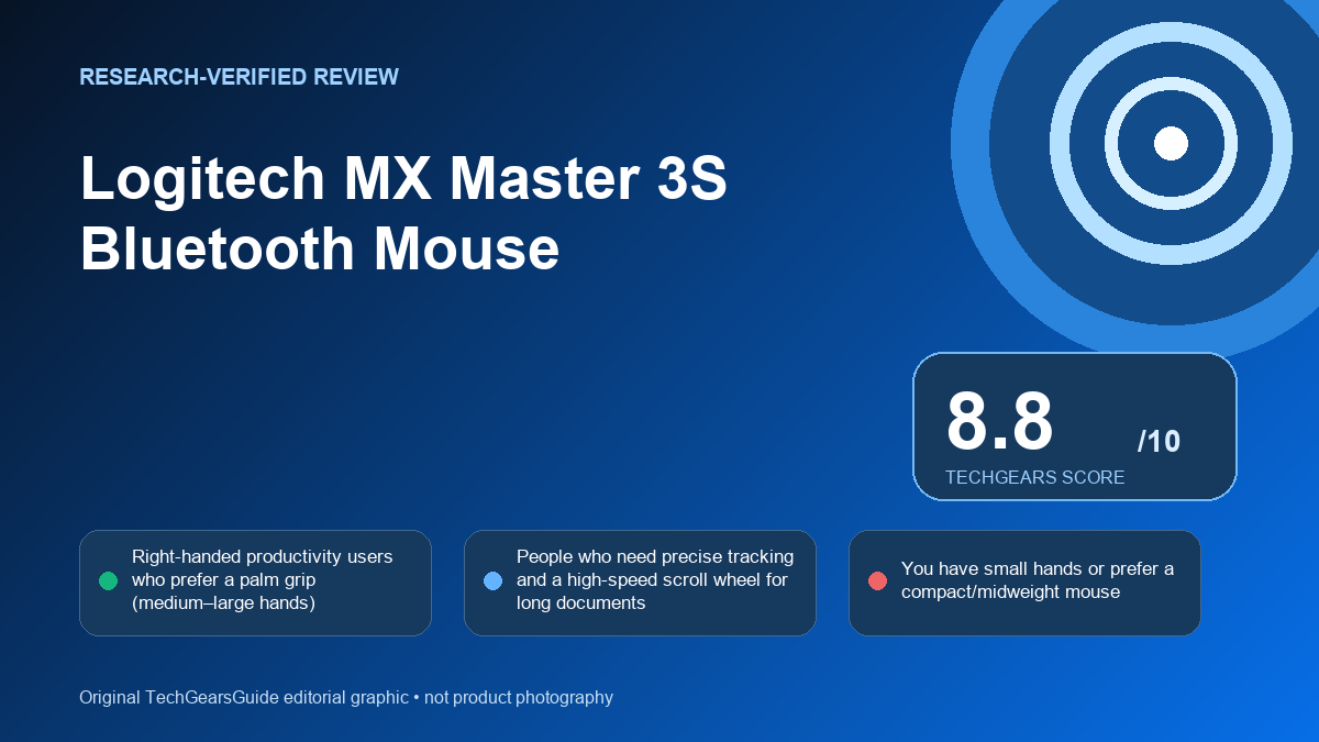 Editorial review graphic for Logitech MX Master 3S Bluetooth Mouse